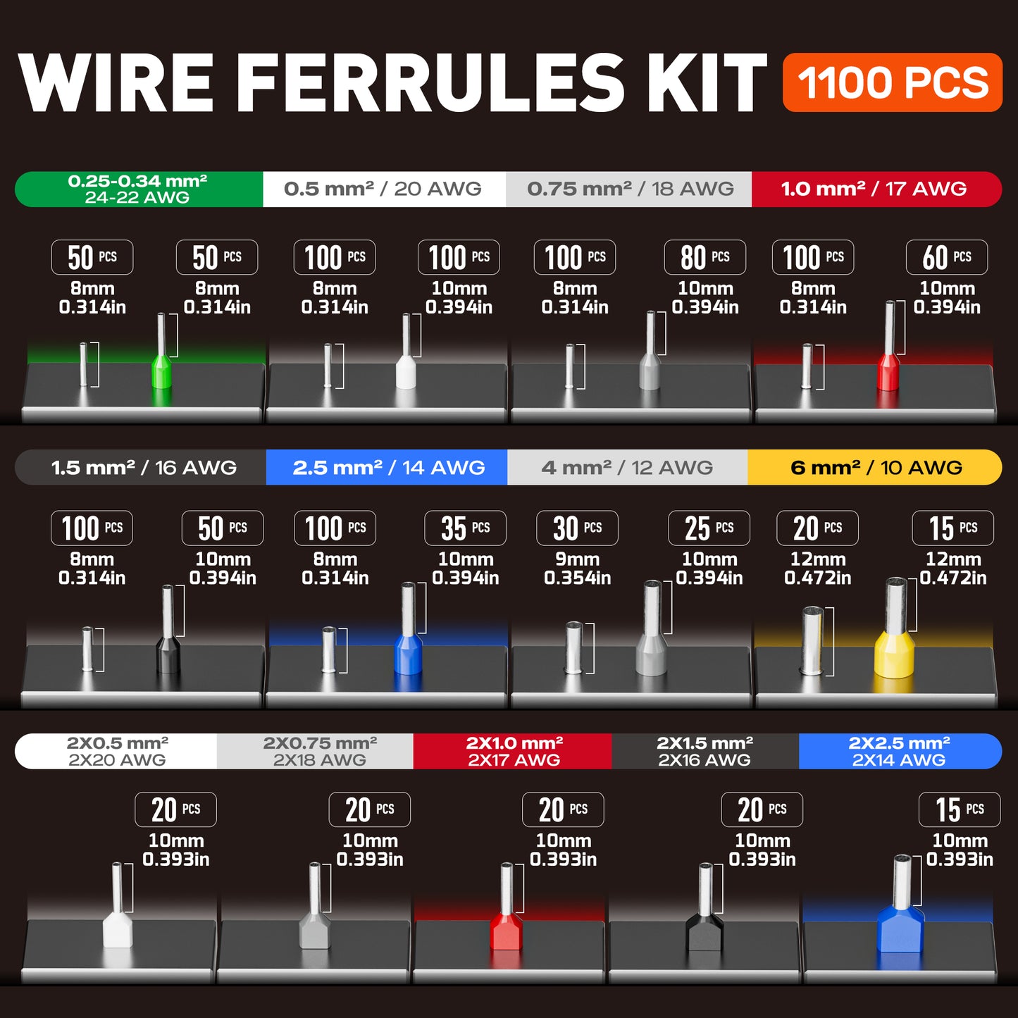 SOMELINE® Crimpwerkzeug-Set mit 21 Arten von Aderendhülsen – Sechskant-Aderendhülsenzange 0,25–6 mm² (AWG 24–10). Elektriker-Werkzeuge, Crimper, Crimpzange, Draht-Crimpzange, Crimpzange