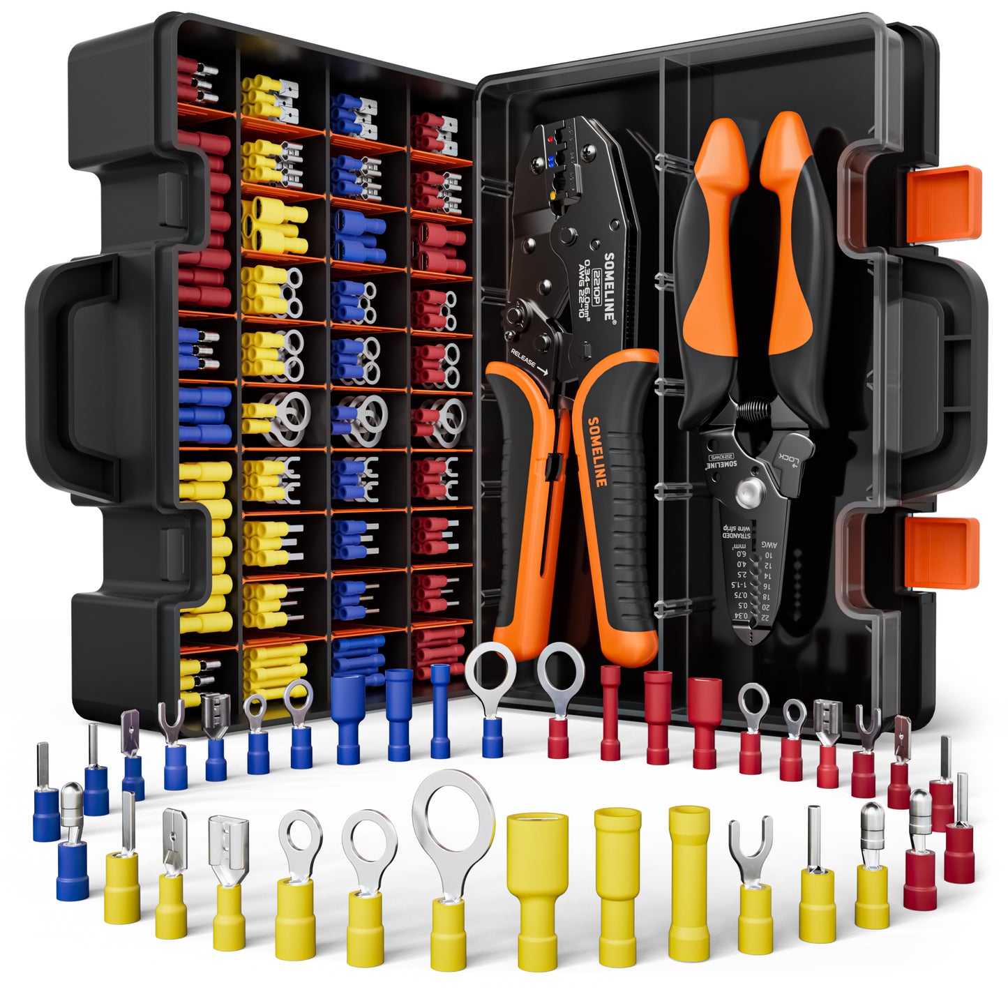 SOMELINE® Isoliertes Kabelschuh-Crimpwerkzeug-Set, Crimpzangen-Set mit 36 Größen Draht-Crimpklemmen, Crimp-Kabelschuhe-Set, Stoßstecker-Klemme für 0,34–6 mm² (AWG 22–10) Elektrokabel