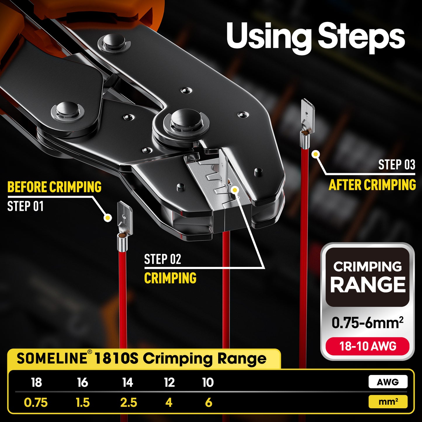 SOMELINE® Wire Terminal Crimping Tool Kit, Crimping Tool Set with 18 Sizes Wire Connector Set, Crimp Plier 0.75-6mm²(AWG 18-10) Non-Insulated Open Barrel Terminals Wire Splices Brass Spade Connecto