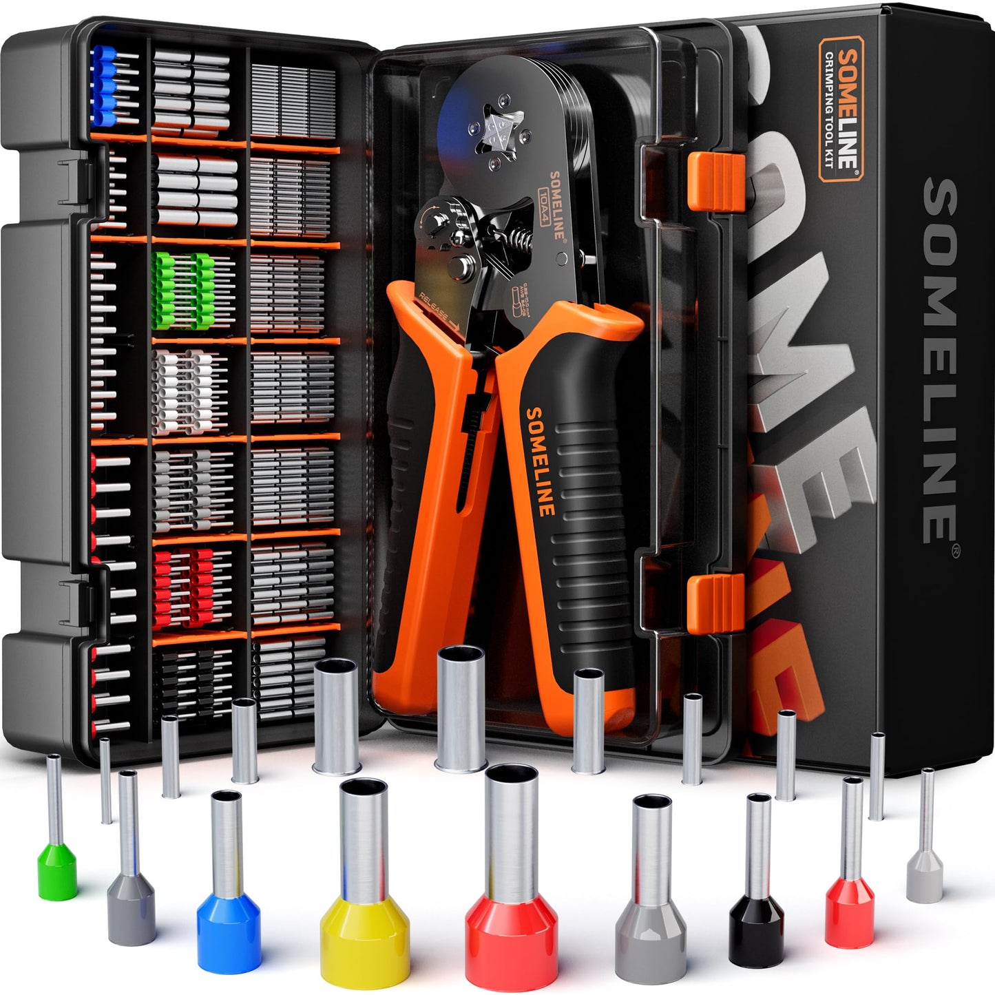 SOMELINE® Ferrule Crimping Tool Kit, Self-Adjusting Pliers for Wire Ferrules AWG 24-8, With 18 Sizes Insulated and Non-insulated Wire Ferrules Terminals, Square Crimp Connector Assortment Kit