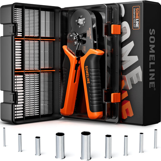 SOMELINE® Non-Insulated Ferrule Crimping Tool Kit,Self-Adjusting Crimping Pliers for wire ferrules AWG 24-8,with 9 Sizes Non-Insulated Wire Ferrules,Square Crimping Pliers Crimp Connector Kit