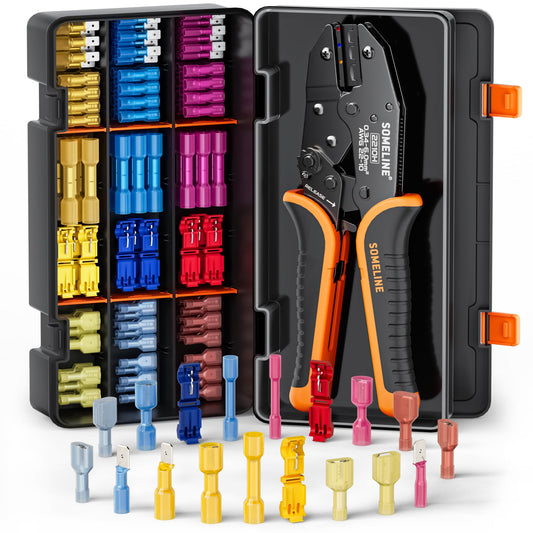 SOMELINE® Heat Shrink Connector Crimp Tool Kit, 22-10 AWG Ratchet Crimping Pliers, with 18 Size Marine Grade Heat Shrink Disconnect Terminals and Nylon Disconnect Terminals, Wire Crimping Tool