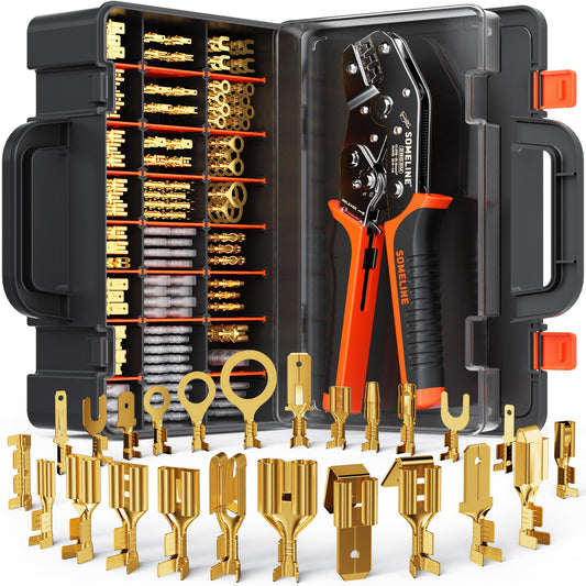 SOMELINE® Spade Terminal Crimping Tool Kit AWG 24-14, 24 Types 2.8/3.9/4.8/6.3 mm Male & Female Quick Disconnect Non-Insulated Connectors - Open Barrel Crimping Tool