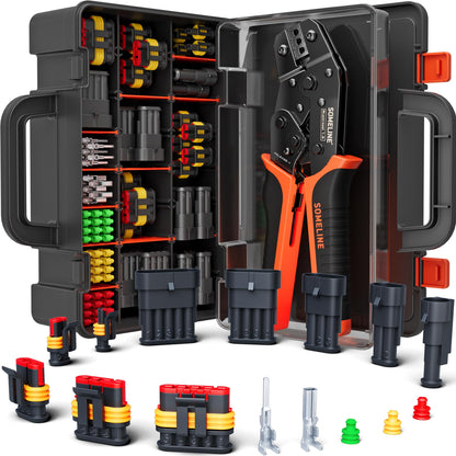 SOMELINE® Waterproof Automotive Electrical Connector Crimping Tool Kit 22–14 AWG, 1/2/3/4/5 Pin Connectors with Wire Seals – For Car, Motorcycle, Marine & DIY Wiring