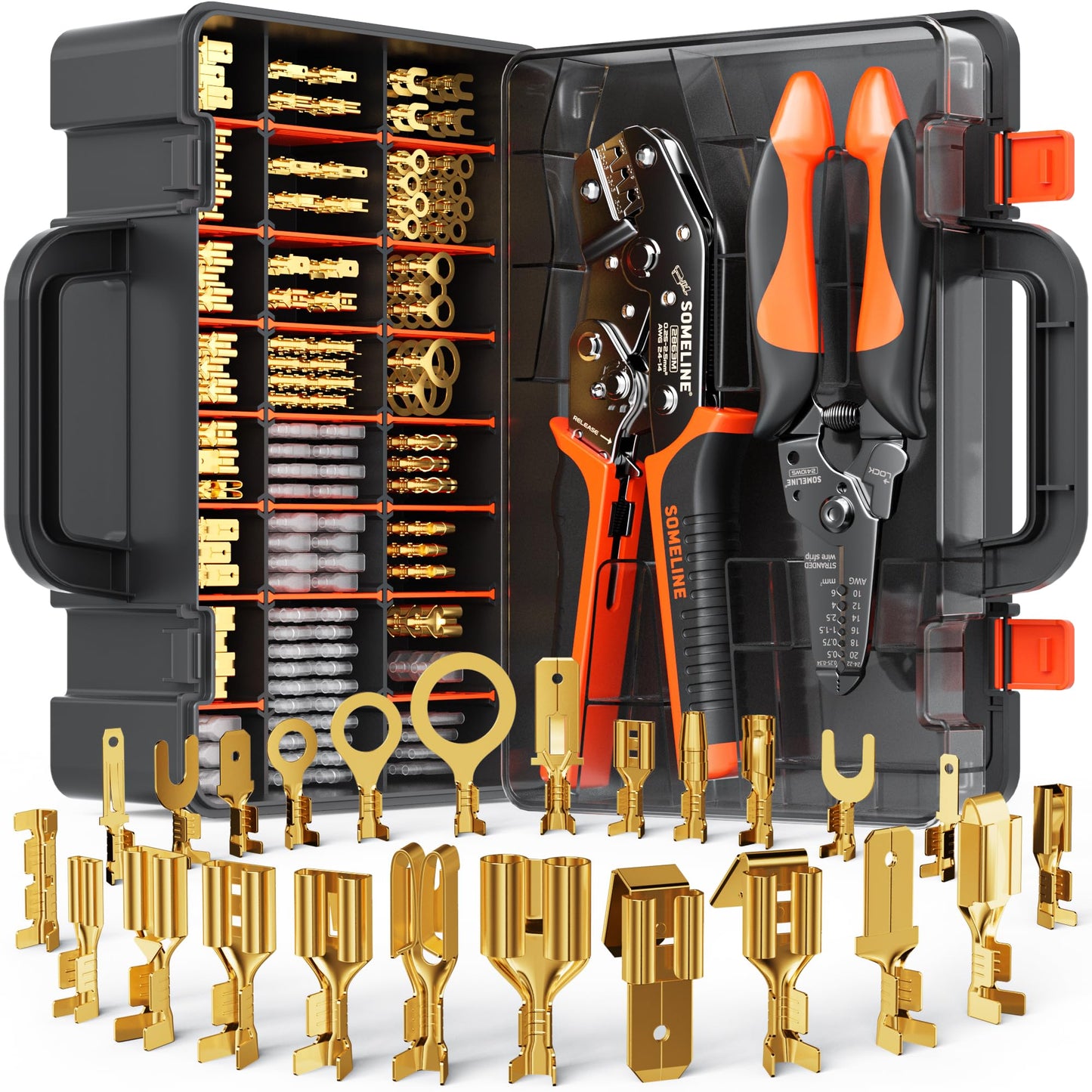 SOMELINE® Wire Terminal Crimping Tool Kit,2.8/3.9/4.8/6.3mm Male Female Disconnect Terminals,AWG 24-14 Crimping Pliers for Molex 2.13/2.36mm, AMP - TE CONNECTIVITY Connectors,With Wire Stripper Set