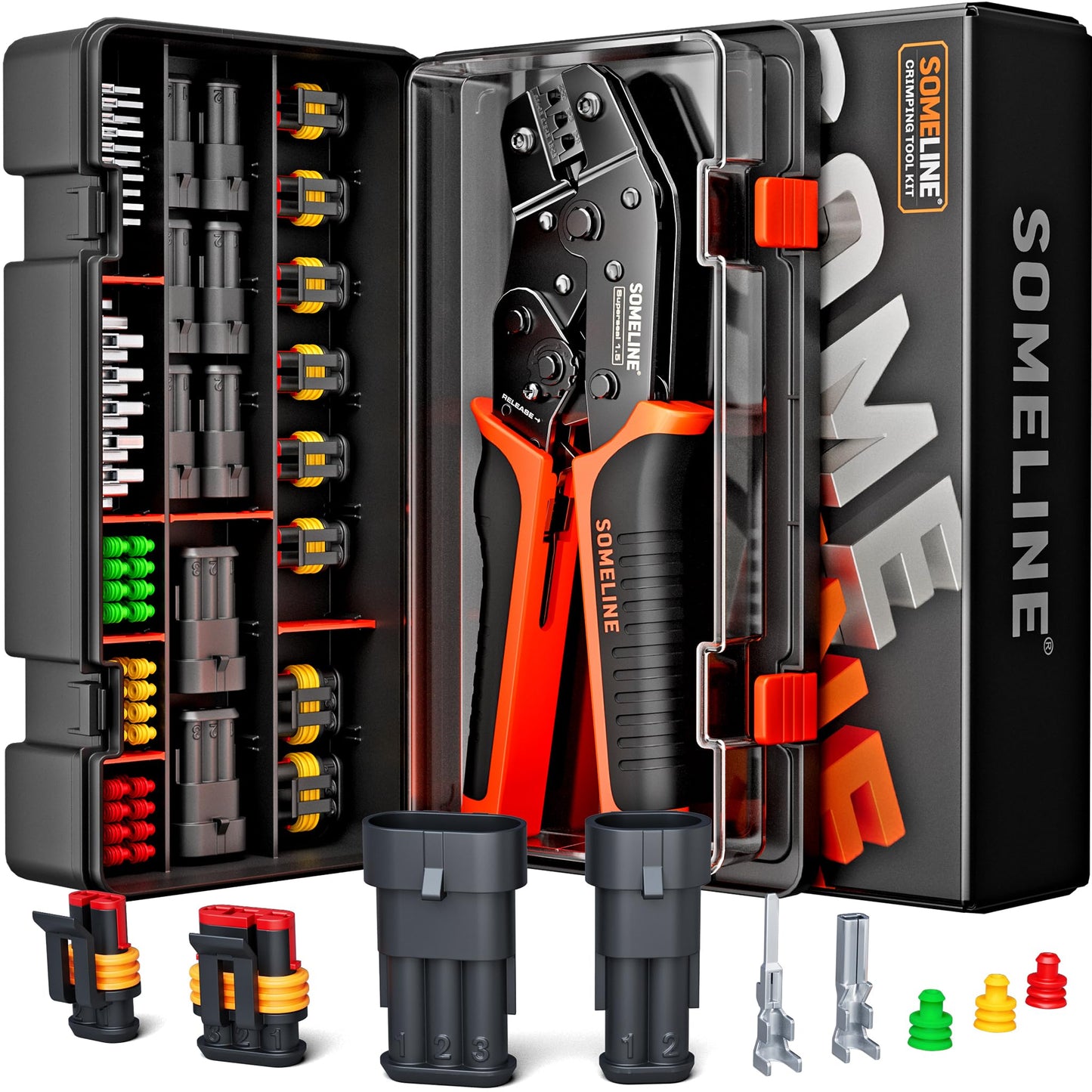 SOMELINE® Waterproof Automotive Electrical Connectors Crimping Tool Kit, with 2/3 Pin Automotive Connectors, Pins and 22–14 AWG Ratchet Crimper – For Car, Truck, Motorcycle, Marine & DIY Wiring