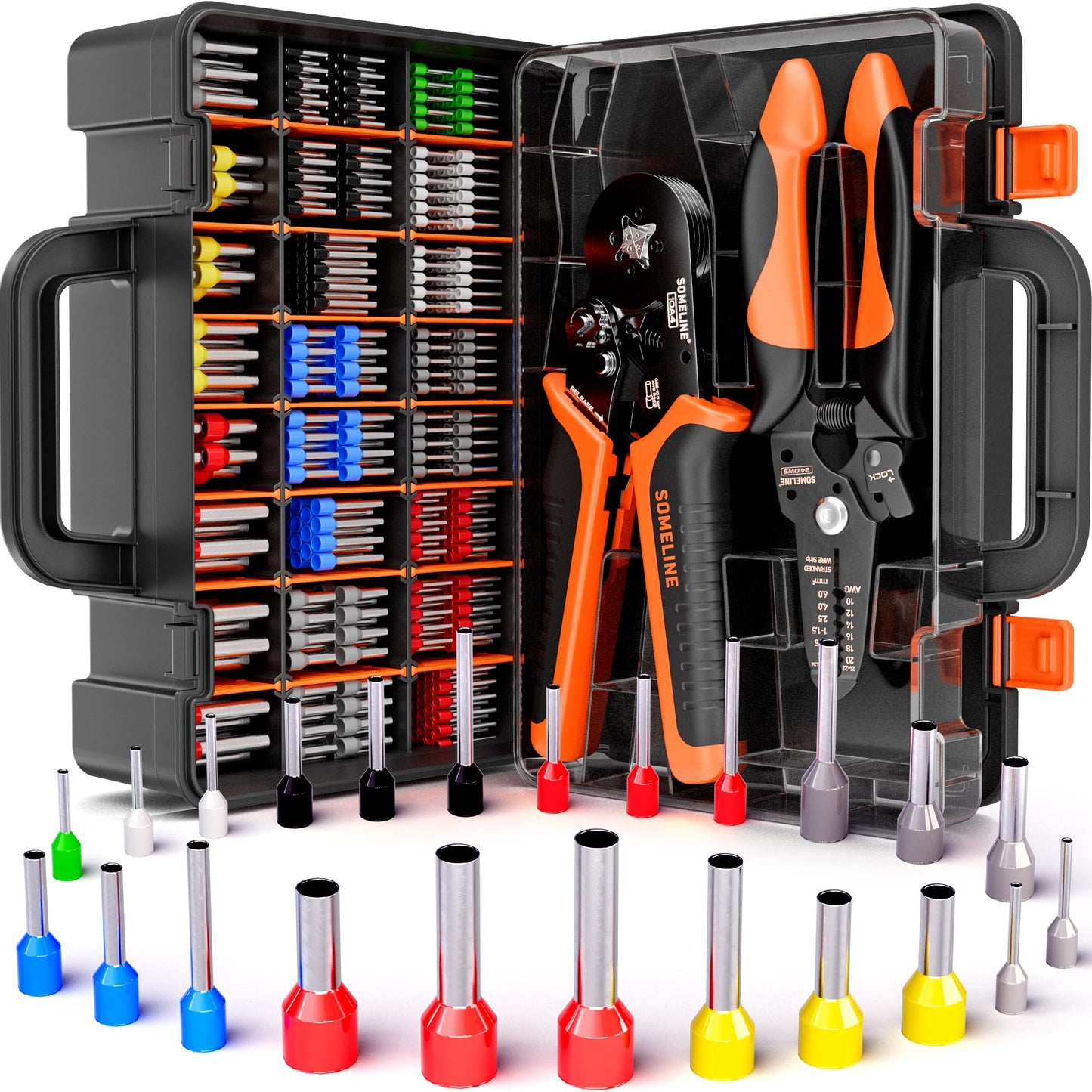 SOMELINE® Ferrule Crimping Tool, Ratchet Pliers for AWG24-8 with 23 Sizes Wire End Ferrule Terminals, Quadrilateral Wire Crimp Pliers with Crimp Connectors,Crimp Pliers and Stripper Kit Crimp Connector