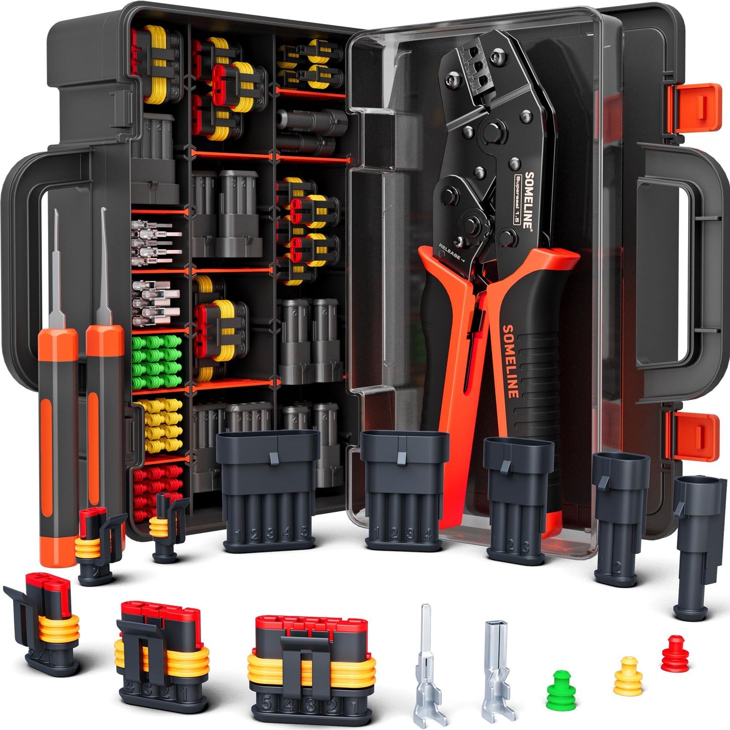 SOMELINE® Waterproof Automotive Connector Crimping Tool Kit, 1/2/3/4/5 Pin Waterproof Wire Connectors, with 22-14 AWG Ratchet Crimping Tool and Terminal Removal Tool, for Car/Motorcycle/Boat