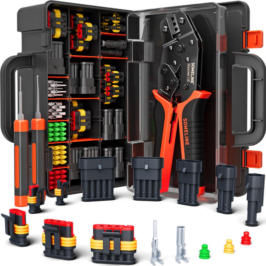 SOMELINE® Waterproof Automotive Connector Crimping Tool Kit, 1/2/3/4/5 Pin Waterproof Wire Connectors, with 22-14 AWG Ratchet Crimping Tool and Terminal Removal Tool, for Car/Motorcycle/Boat