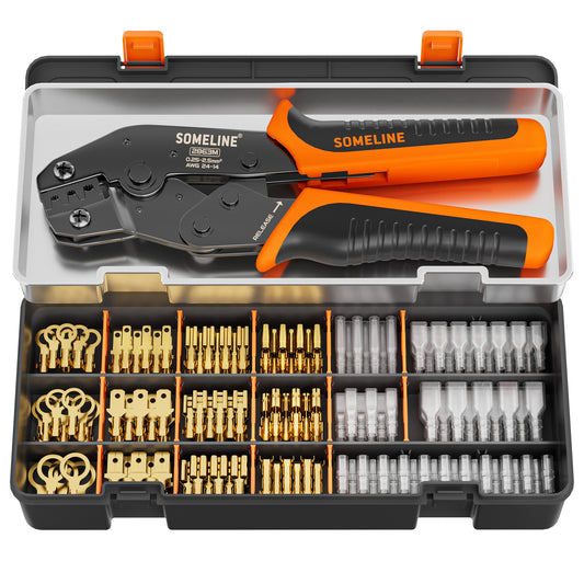 SOMELINE® Wire Terminal Crimping Tool Kit,2.8/3.9/4.8/6.3mm Male Female Disconnect Terminals,with 12 Sizes Wire Connector Set, Crimp Plier 0.25-2.5mm²(AWG 24-14) Non-Insulated Open Barrel Terminals Wire Splices Brass Spade