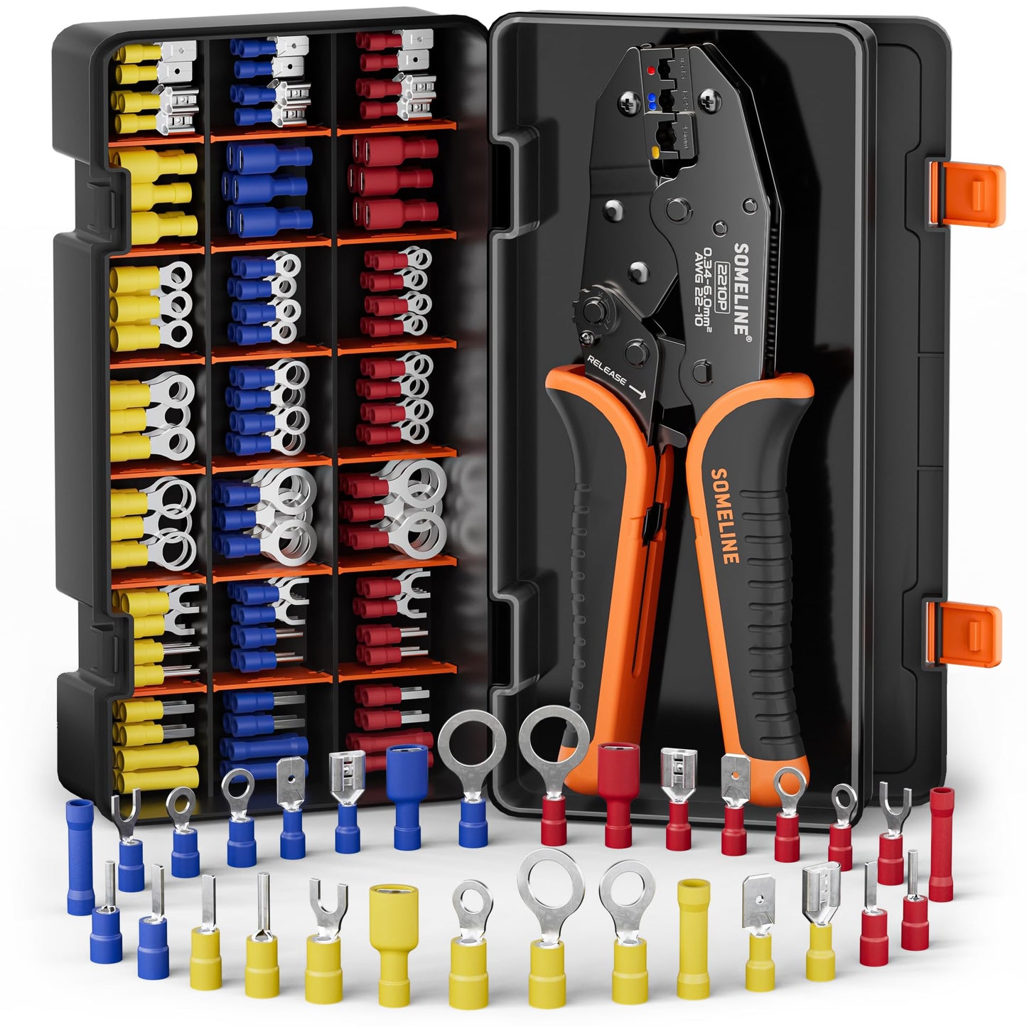 SOMELINE® Wire Terminals Crimping Tool, with 30 Sizes Insulated Ratcheting Terminals Crimper Kit of AWG 22-10 Insulated Electrical Butt Bullet Spade Fork Ring Spade Splice Crimp Terminals