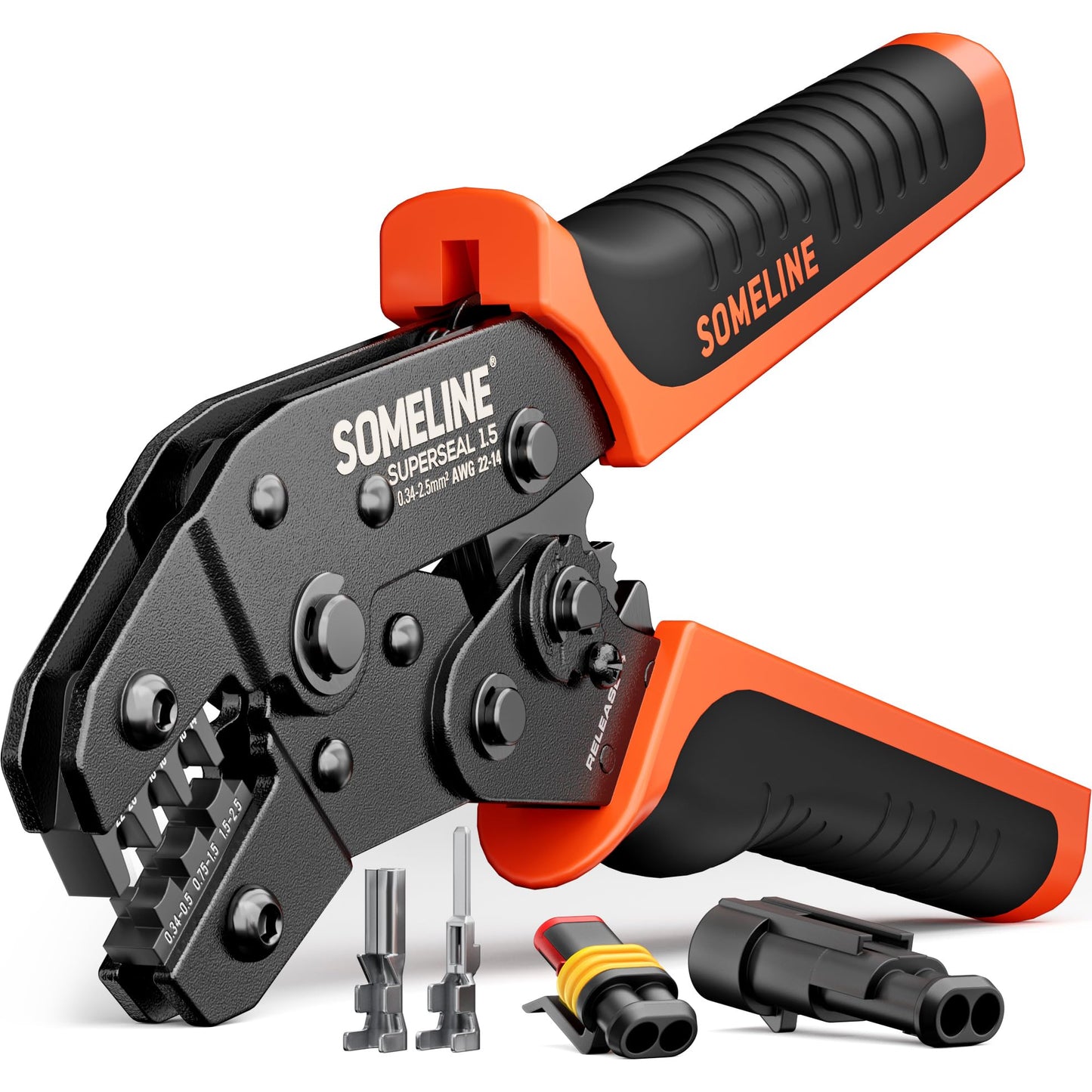 SOMELINE® Wire Crimping Tool with Ratchet 22–14 AWG for Waterproof Automotive Electrical Connectors – Open Barrel Crimping Tool – Crimping Pliers Compatible with TE AMP Superseal 1.5 mm Series