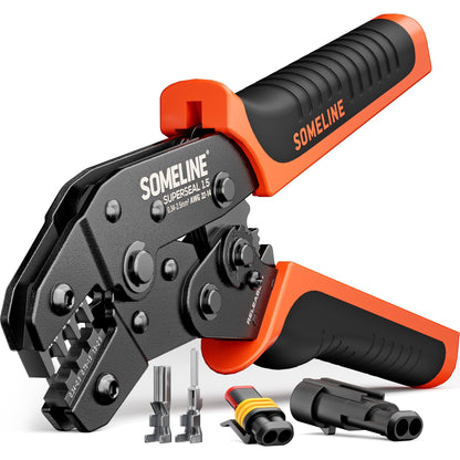 SOMELINE® Wire Crimping Tool with Ratchet 22–14 AWG for Waterproof Automotive Electrical Connectors – Open Barrel Crimping Tool – Crimping Pliers Compatible with TE AMP Superseal 1.5 mm Series