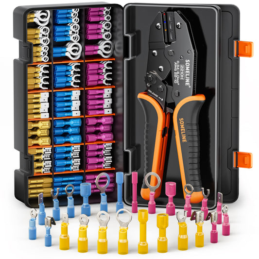 SOMELINE® Heat Shrink Connector Crimp Tool Kit, 22-10 AWG Ratchet Crimping Pliers, with 24 Size Marine Grade Terminals, Crimping Pliers for Heat Shrink, Nylon and Closed End Connectors