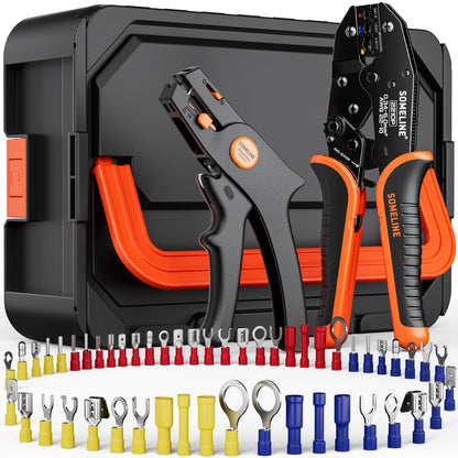 SOMELINE® Crimping Pliers and Terminal Set, 51 Types [0.34–6 mm²] Insulated Terminals, Including Terminal Pliers and Automatic Wire Stripper – Terminal Set