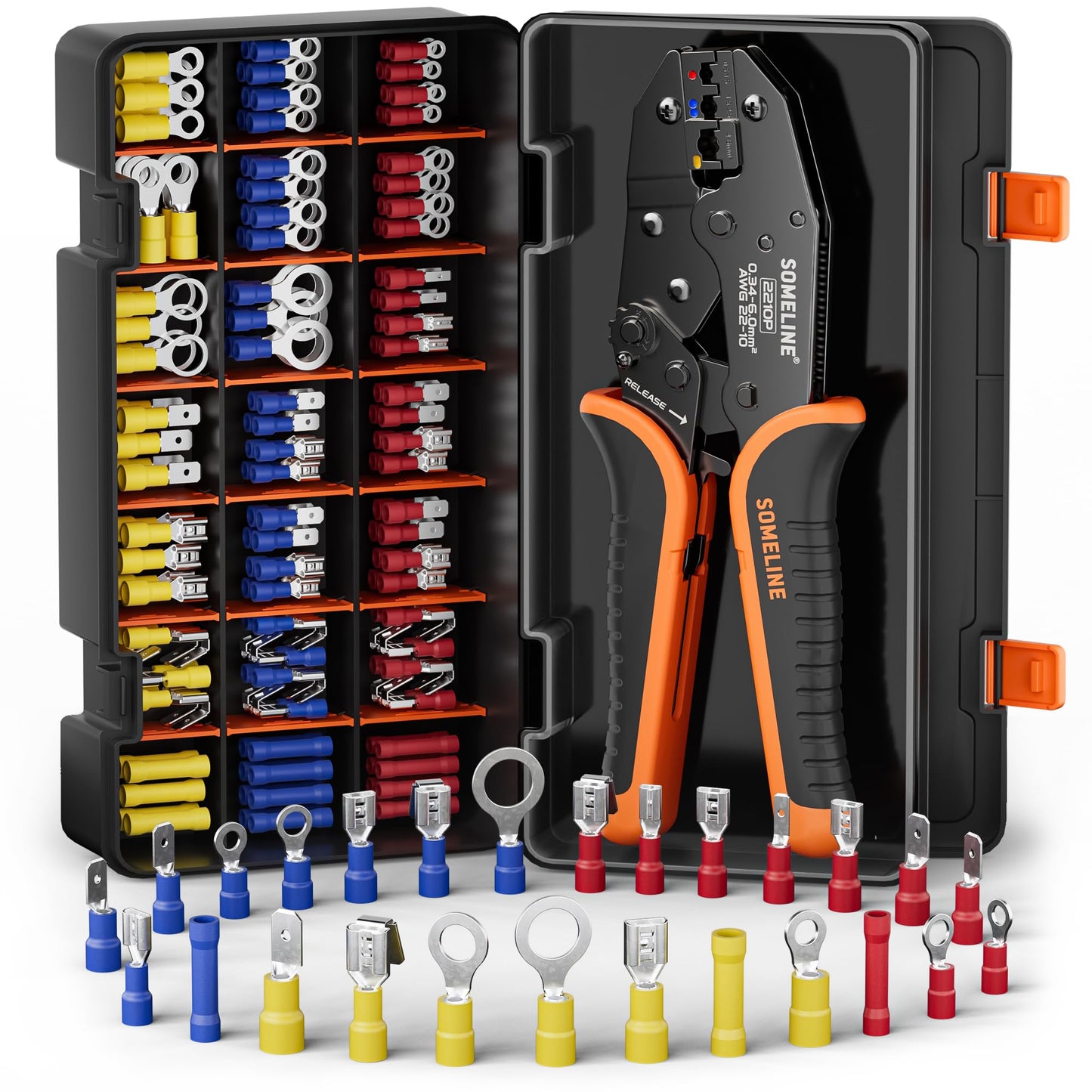 SOMELINE® Electrical Connectors Crimping Tool Set, Ratchet Terminal Crimper 22-10 AWG, with 26 Sizes Ring Spade Butt Piggyback Insulated Connectors, Wire Crimp Tool Kit
