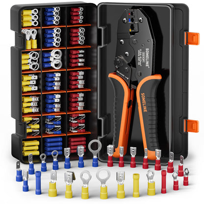 SOMELINE® Electrical Connectors Crimping Tool Set, Ratchet Terminal Crimper 22-10 AWG, with 26 Sizes Ring Spade Butt Piggyback Insulated Connectors, Wire Crimp Tool Kit