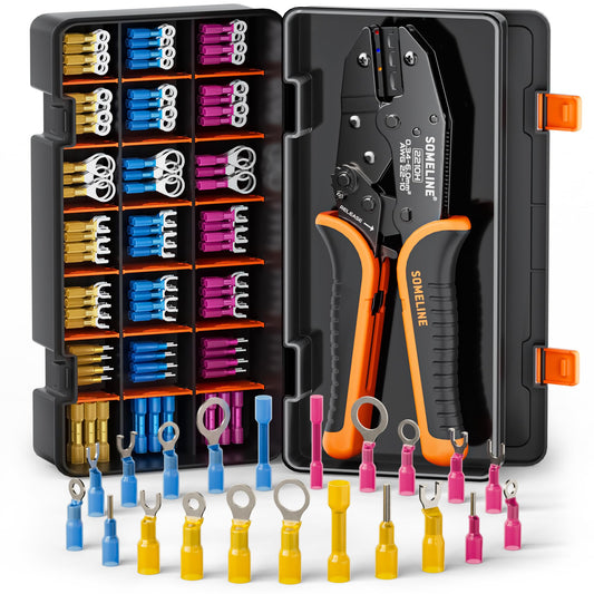 SOMELINE® Crimping Tool for Heat Shrink Connectors Kit, with 21 Size Marine Grade Heat Shrink Terminals, 22-10 AWG Ratchet Crimping Pliers for Heat Shrink, Nylon and Closed End Connectors