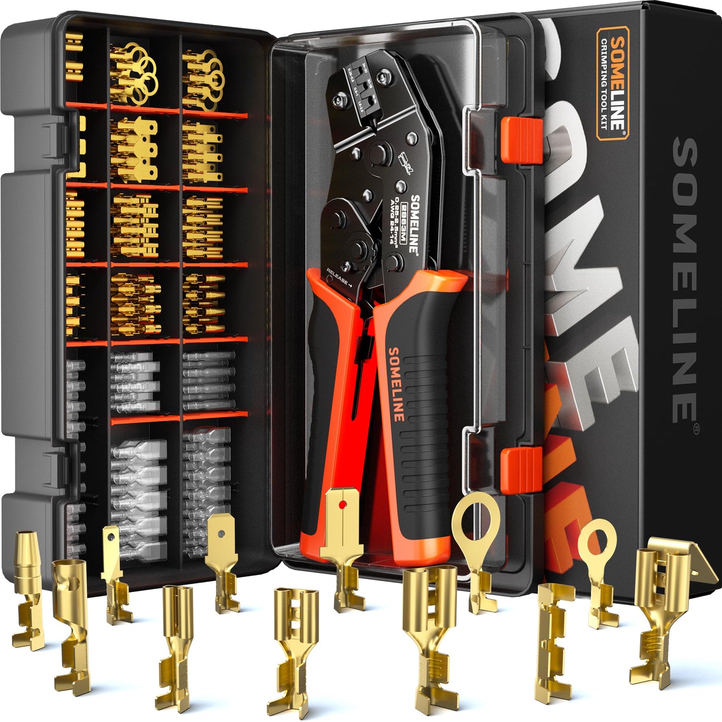 SOMELINE® Open Terminal Connector Crimping Tool Kit, with 12 Sizes Wire Terminals, Male Female Disconnect Terminals, 24-14 AWG Crimper, Ratcheting Wire Crimper, Crimping Pliers, Wire Crimp Tool