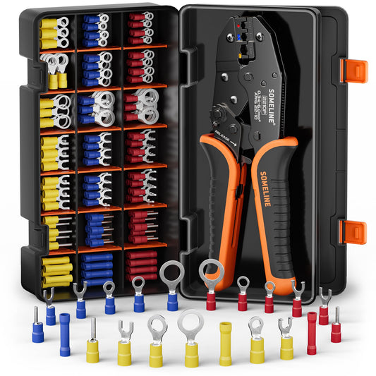 SOMELINE® Crimping Tool for Insulated Electrical Wire Connectors Kit, with 21 Sizes PVC Insulated Wire Terminals and 22-10 AWG Ratchet Crimping Pliers – for Automotive & Electrical Repairs