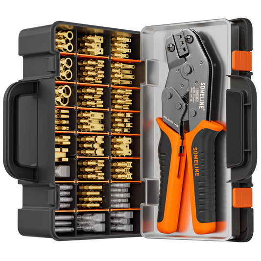 SOMELINE® Wire Terminal Crimping Tool Kit,2.8/3.9/4.8/6.3mm Male Female Disconnect Terminals,with 20 Sizes Wire Connector Set, Crimp Plier 0.25-2.5mm²(AWG 24-14) Non-Insulated Open Barrel Terminals Wire Splices Brass Spade