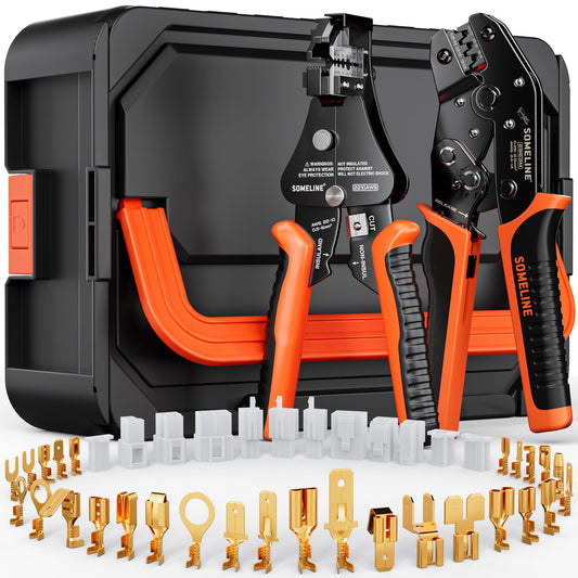 SOMELINE® Spade Connector Crimping Tool Kit 24-14 AWG, 40 Types 2.8/4.8/6.3/7.8 mm Non-Insulated Spade Terminals and Terminal Housings - Open Barrel Crimping Tool, Ratchet Wire Crimper Tool