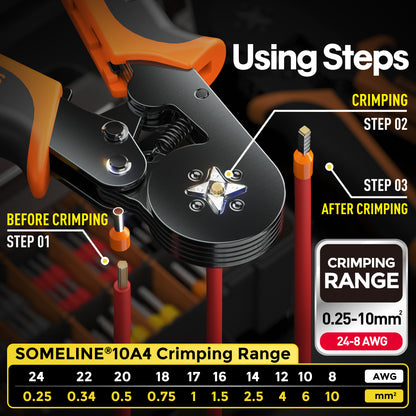 SOMELINE® Crimping Pliers Wire End Ferrules Set, 0.25-10 mm² Wire End Ferrules, with 18 Types of Insulated and Non-Insulated Wire End Ferrules, Self-Adjusting Crimping Pliers - Square Crimping Pliers