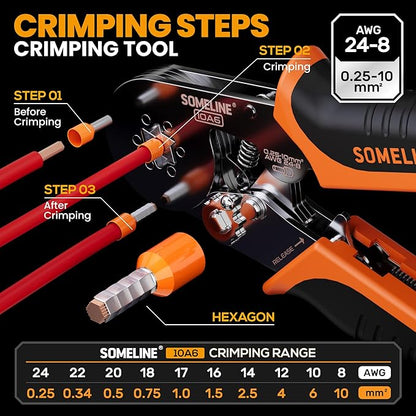 SOMELINE® Ferrule Crimping Tool set, Hexagonal Ferrule Crimping Pliers (AWG 24-10), with 24 Sizes Insulated Ferrules and Insulated Twin Ferrules, Crimp Pliers and Stripper Kit Crimp Connector