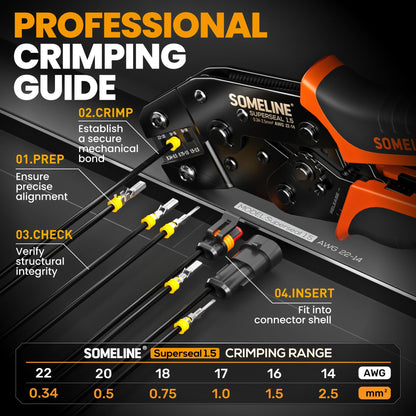 SOMELINE® Wire Crimping Tool with Ratchet 22–14 AWG for Waterproof Automotive Electrical Connectors – Open Barrel Crimping Tool – Crimping Pliers Compatible with TE AMP Superseal 1.5 mm Series