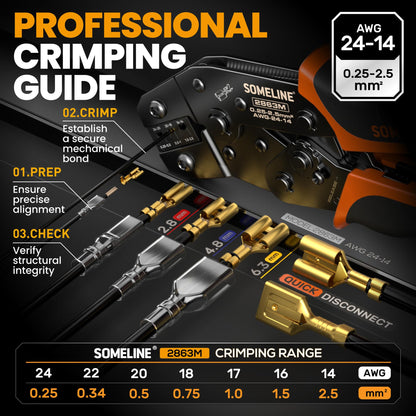 SOMELINE® Spade Connector Crimping Tool Kit 24-14 AWG, 40 Types 2.8/4.8/6.3/7.8 mm Non-Insulated Spade Terminals and Terminal Housings - Open Barrel Crimping Tool, Ratchet Wire Crimper Tool
