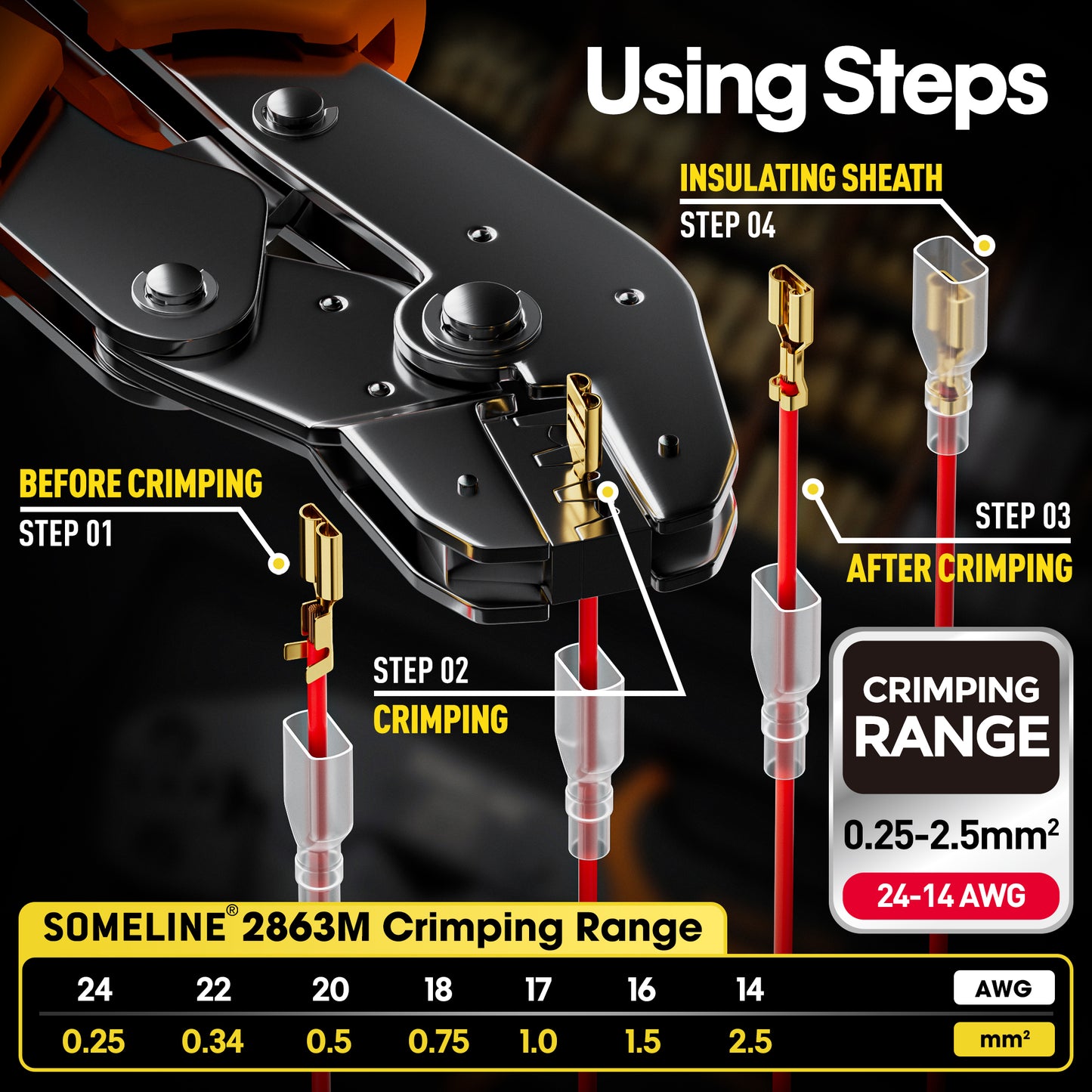 SOMELINE® Wire Terminal Crimping Tool Kit,2.8/3.9/4.8/6.3mm Male Female Disconnect Terminals,with 12 Sizes Wire Connector Set, Crimp Plier 0.25-2.5mm²(AWG 24-14) Non-Insulated Open Barrel Terminals Wire Splices Brass Spade