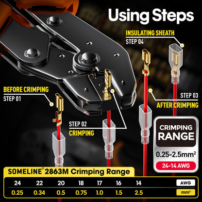 SOMELINE® Wire Terminal Crimping Tool Kit,2.8/3.9/4.8/6.3mm Male Female Disconnect Terminals,with 12 Sizes Wire Connector Set, Crimp Plier 0.25-2.5mm²(AWG 24-14) Non-Insulated Open Barrel Terminals Wire Splices Brass Spade