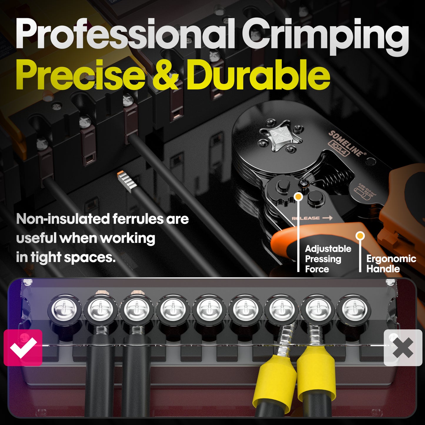 SOMELINE® Crimpwerkzeug-Set mit 9 Arten von nicht isolierten Aderendhülsen – Aderendhülsenzange 0,25–10 mm² (AWG 24–8) I Elektriker-Werkzeuge, Crimper, Crimpzange, Draht-Crimpzange, Crimpzange