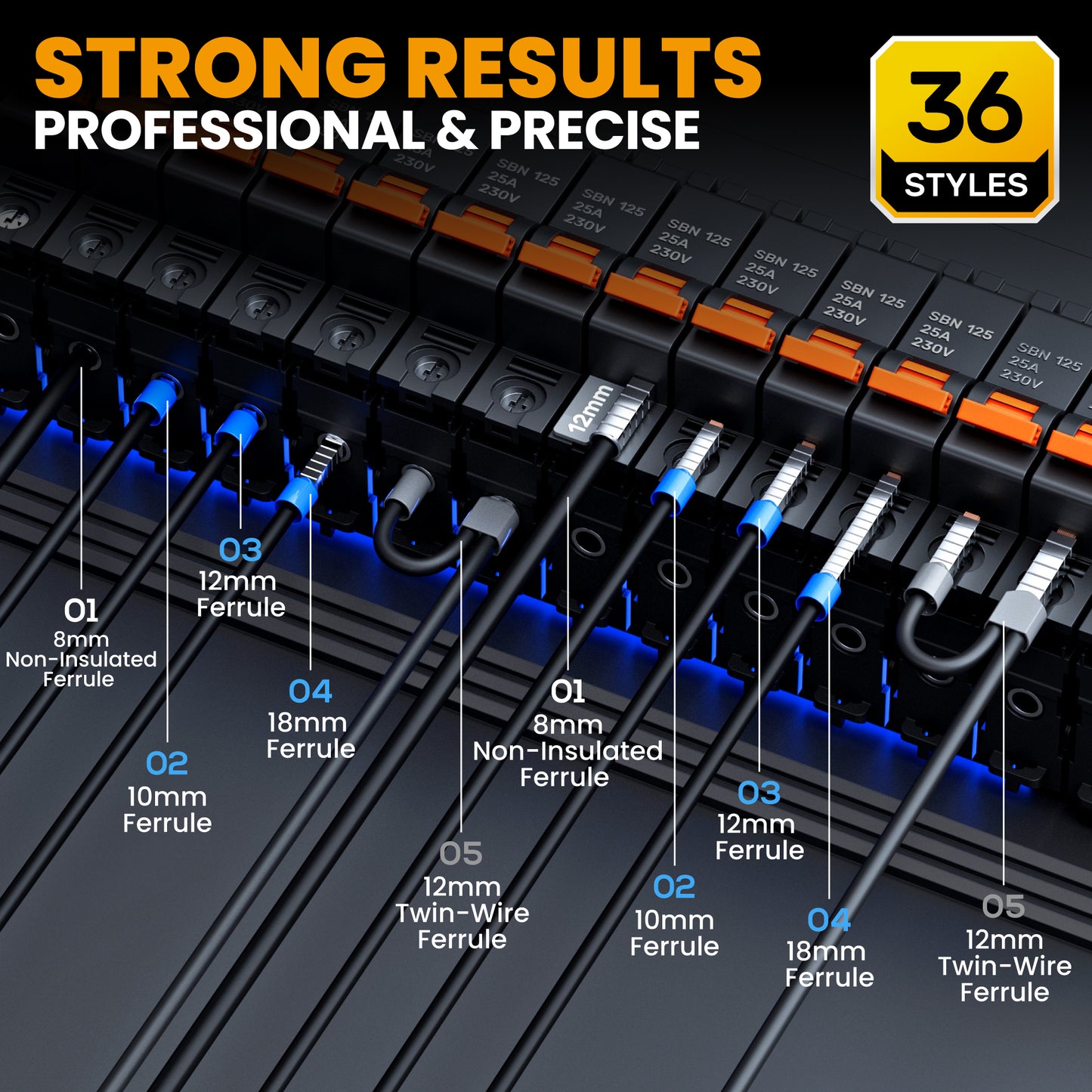 SOMELINE® Ferrule Crimping Tool Kit, 36 Sizes Ferrules, AWG 24–8 Crimper, with Square Pliers and Automatic Wire Stripper, Terminal Assortment Stackable Box