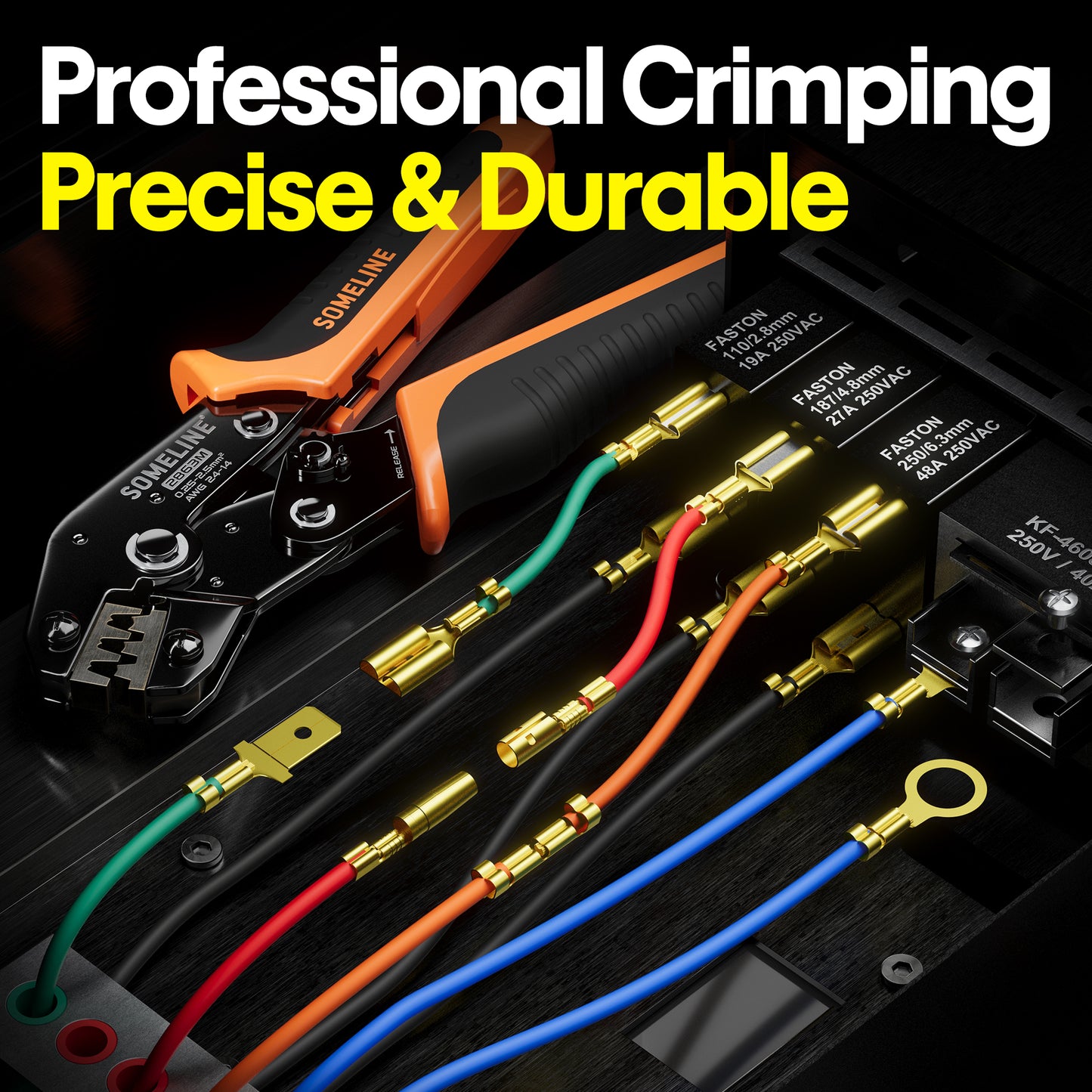 SOMELINE® Wire Terminal Crimping Tool Kit,2.8/3.9/4.8/6.3mm Male Female Disconnect Terminals,with 12 Sizes Wire Connector Set, Crimp Plier 0.25-2.5mm²(AWG 24-14) Non-Insulated Open Barrel Terminals Wire Splices Brass Spade