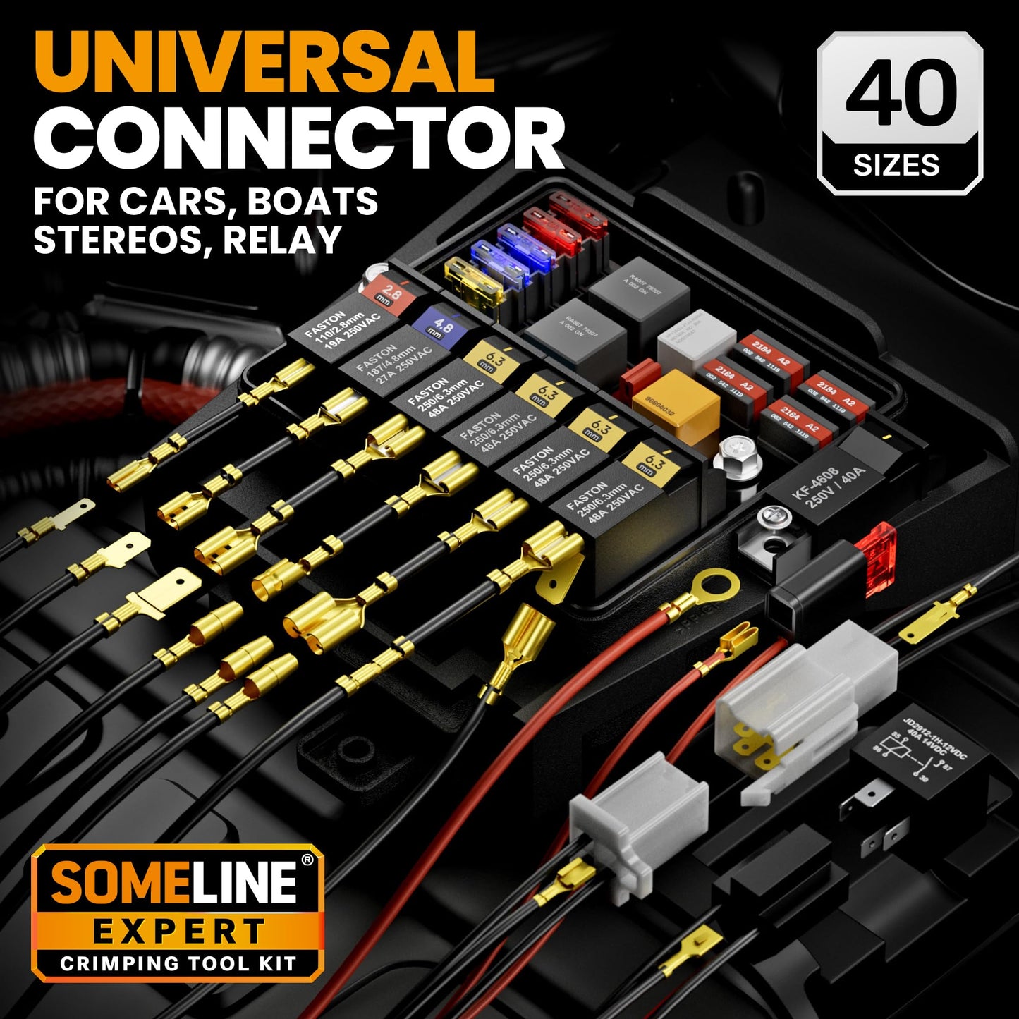 SOMELINE® Spade Connector Crimping Tool Kit 24-14 AWG, 40 Types 2.8/4.8/6.3/7.8 mm Non-Insulated Spade Terminals and Terminal Housings - Open Barrel Crimping Tool, Ratchet Wire Crimper Tool