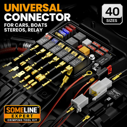 SOMELINE® Spade Connector Crimping Tool Kit 24-14 AWG, 40 Types 2.8/4.8/6.3/7.8 mm Non-Insulated Spade Terminals and Terminal Housings - Open Barrel Crimping Tool, Ratchet Wire Crimper Tool