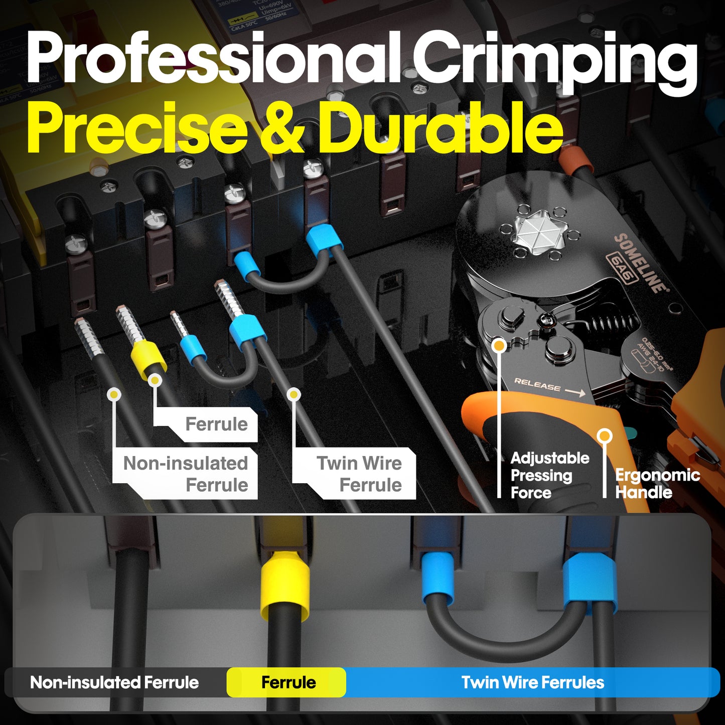 SOMELINE® Ferrule Crimping Tool set, Hexagonal Ferrule Crimping Pliers (AWG 24-10), with 24 Sizes Insulated Ferrules and Insulated Twin Ferrules, Crimp Pliers and Stripper Kit Crimp Connector