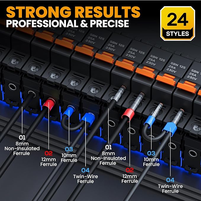SOMELINE® Ferrule Crimping Tool set, Hexagonal Ferrule Crimping Pliers (AWG 24-10), with 24 Sizes Insulated Ferrules and Insulated Twin Ferrules, Crimp Pliers and Stripper Kit Crimp Connector