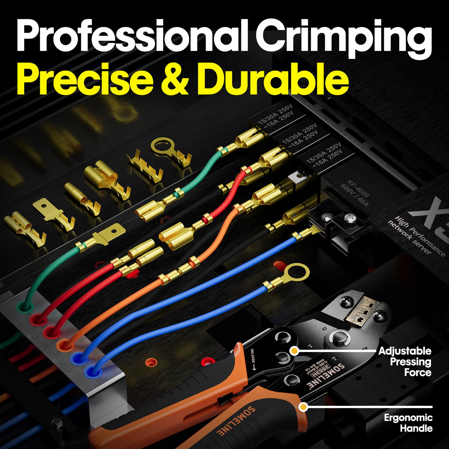 SOMELINE® Wire Terminal Crimping Tool Kit,2.8/3.9/4.8/6.3mm Male Female Disconnect Terminals,with 20 Sizes Wire Connector Set, Crimp Plier 0.25-2.5mm²(AWG 24-14) Non-Insulated Open Barrel Terminals Wire Splices Brass Spade