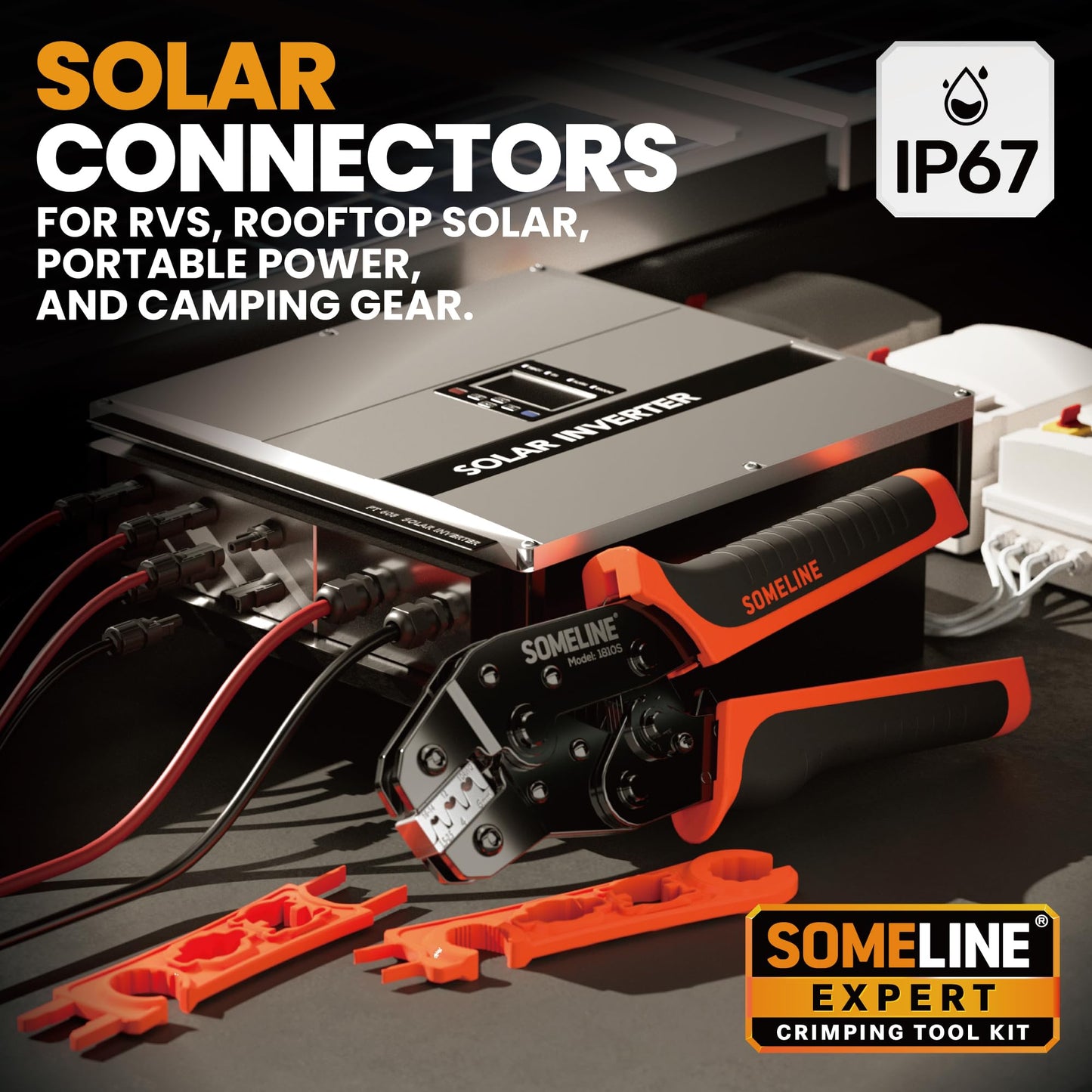 SOMELINE® Solar Connector Crimping Tool Kit, 14 12 10 AWG Ratchet Wire Crimper, 15 Pairs Solar Panel Connectors, Wrenches and Automatic Solar Wire Stripper, for Solar Panel Cable Assembly