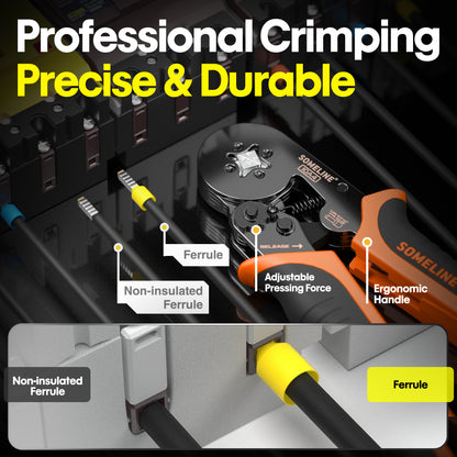 SOMELINE® Crimping Pliers Wire End Ferrules Set, 0.25-10 mm² Wire End Ferrules, with 18 Types of Insulated and Non-Insulated Wire End Ferrules, Self-Adjusting Crimping Pliers - Square Crimping Pliers