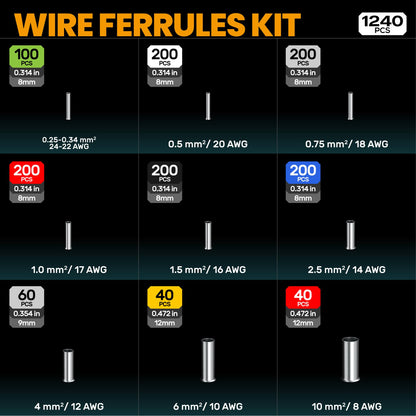SOMELINE® Non-Insulated Ferrule Crimping Tool Kit,Self-Adjusting Crimping Pliers for wire ferrules AWG 24-8,with 9 Sizes Non-Insulated Wire Ferrules,Square Crimping Pliers Crimp Connector Kit