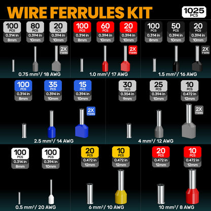 SOMELINE® Ferrule Hexagonal Crimping Tool Kit, 21 Sizes Ferrules, 24-8 AWG Ferrule Crimper, Hexagonal Crimp Pliers Ferrule Terminal Kit