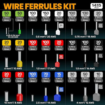 SOMELINE® Ferrule Crimping Tool set, Hexagonal Ferrule Crimping Pliers (AWG 24-10), with 24 Sizes Insulated Ferrules and Insulated Twin Ferrules, Crimp Pliers and Stripper Kit Crimp Connector