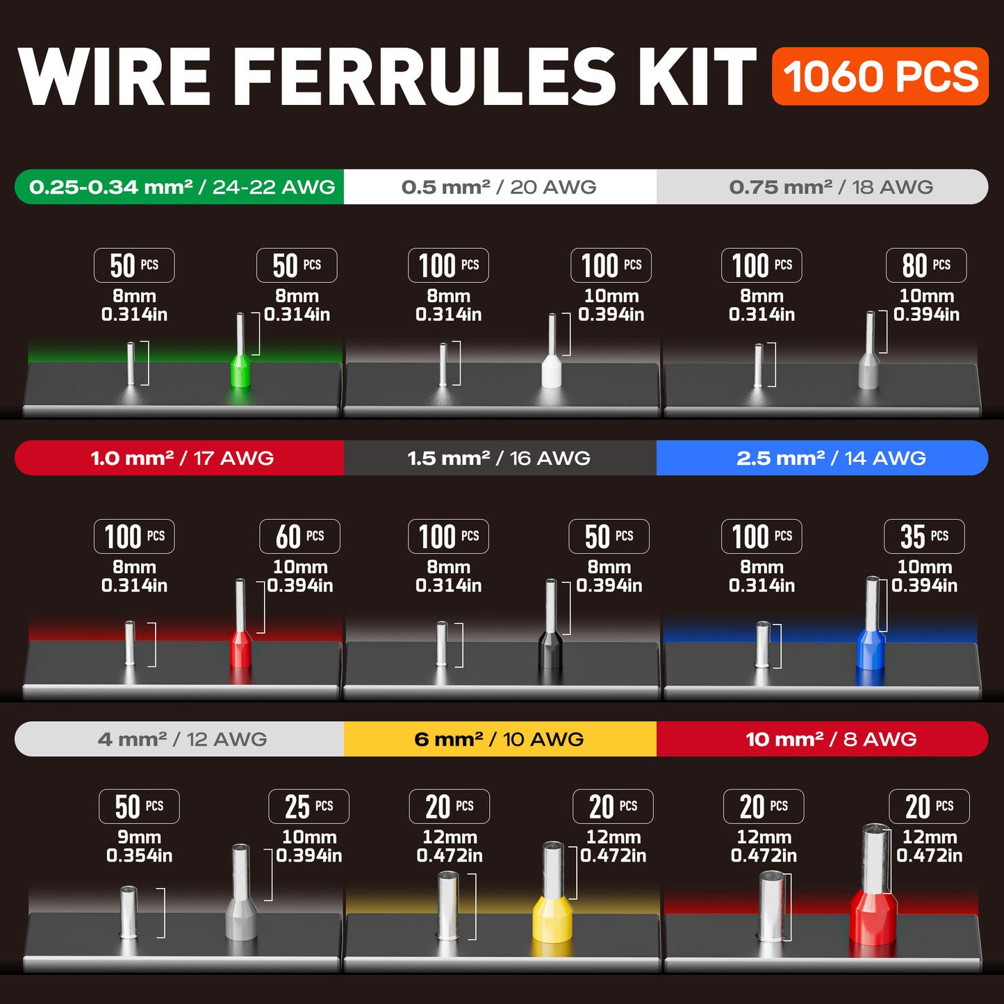 SOMELINE® Crimping Pliers Wire End Ferrules Set, 0.25-10 mm² Wire End Ferrules, with 18 Types of Insulated and Non-Insulated Wire End Ferrules, Self-Adjusting Crimping Pliers - Square Crimping Pliers