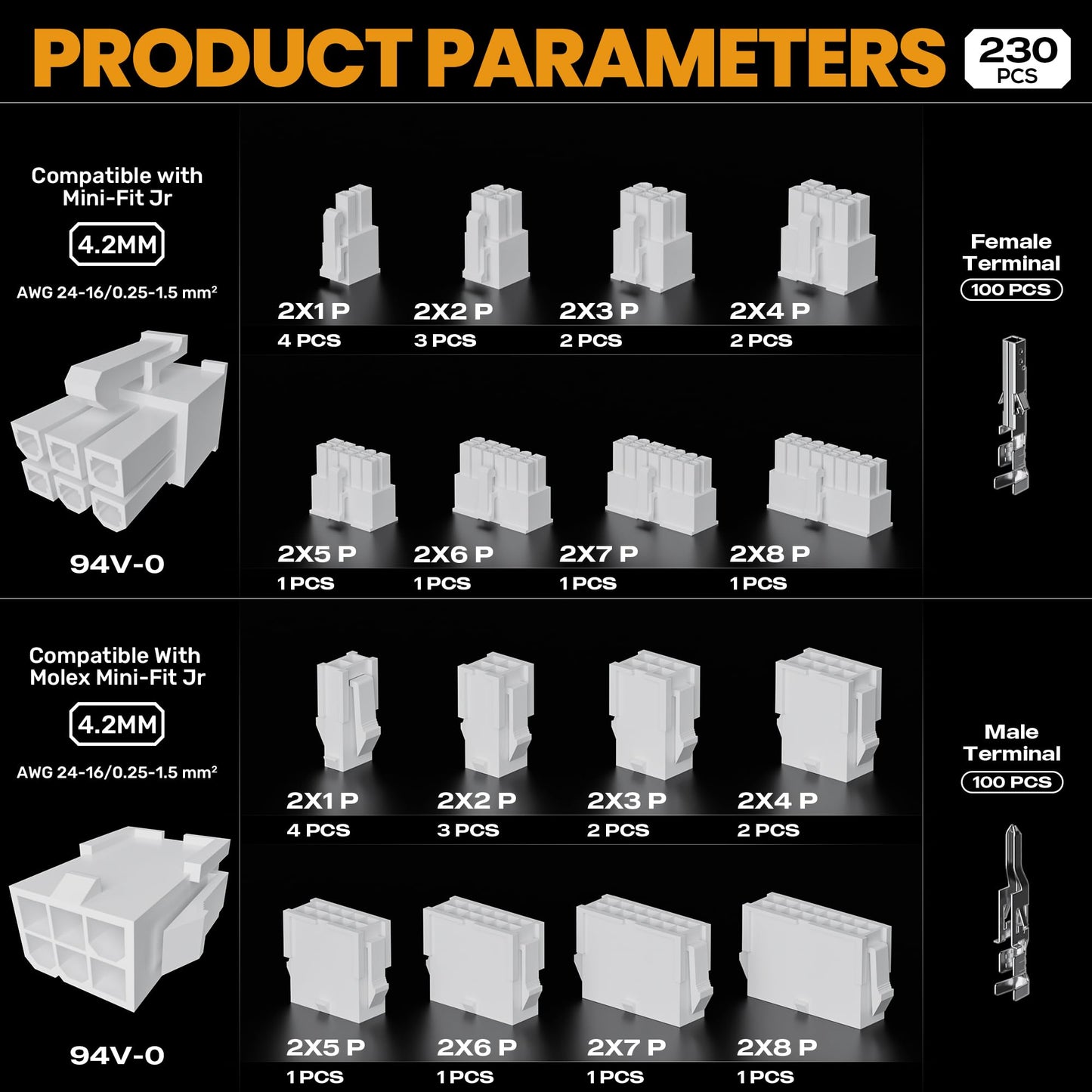 SOMELINE® Crimping Tool Connector Kit, Compatible with Mini-Fit Jr 4.2mm Pitch (2-16 Circuits) Connectors and 24-16 AWG Terminal, 30-16 AWG Crimping Pliers for Molex Mini-Fit Jr, 2.54mm, KF2510