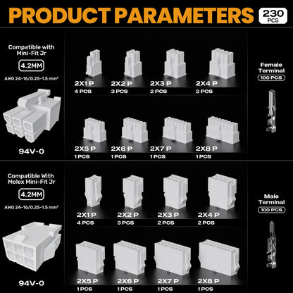 SOMELINE® Crimping Tool Connector Kit, Compatible with Mini-Fit Jr 4.2mm Pitch (2-16 Circuits) Connectors and 24-16 AWG Terminal, 30-16 AWG Crimping Pliers for Molex Mini-Fit Jr, 2.54mm, KF2510