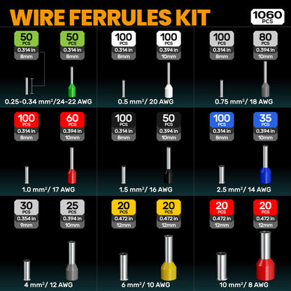 SOMELINE® Ferrule Crimping Tool Kit, Self-Adjusting Pliers for Wire Ferrules AWG 24-8, With 18 Sizes Insulated and Non-insulated Wire Ferrules Terminals, Square Crimp Connector Assortment Kit