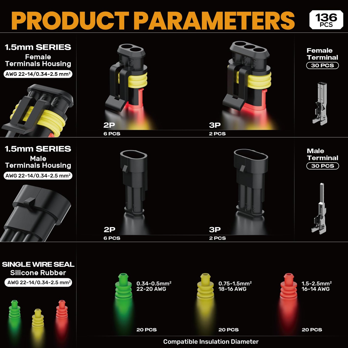 SOMELINE® Waterproof Automotive Electrical Connectors Crimping Tool Kit, with 2/3 Pin Automotive Connectors, Pins and 22–14 AWG Ratchet Crimper – For Car, Truck, Motorcycle, Marine & DIY Wiring